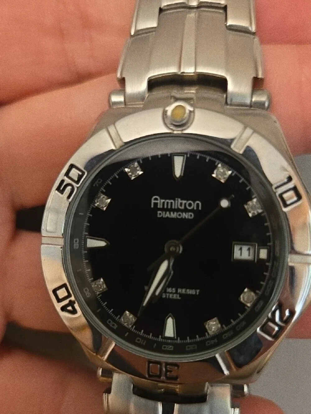 Armitron Men's Silver-Tone Watch with Black Dial and Diamond Accents